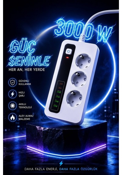 3000w Akıllı 3'lü Priz Usb' Li Uzatma Kablo - 4 Usb + 2 Type-c Hızlı Şarj 2 Mt Uzatma Kablo 2 - 5 M
