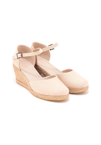 Gerçek Elişi Bej Bilekten Bantlı Topuğu Açık Keten Espadril Dolgu Topuk Handmade Bej