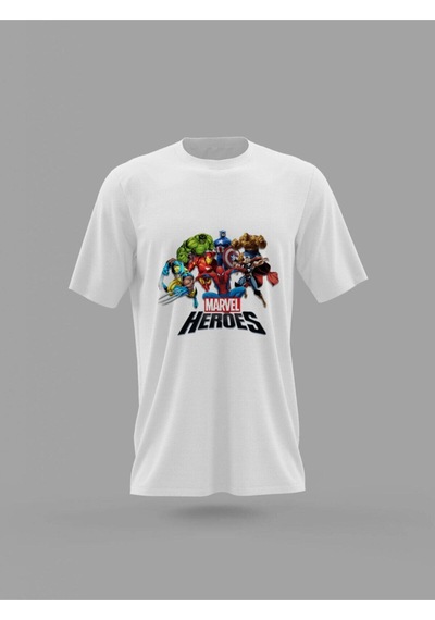 Noıssey Mavi Unisex Marvel Süper Kahramanları Baskılı T-shirt Pnrmtshrt4440 Beyaz