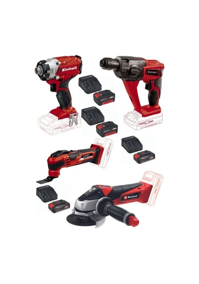 Einhell TE-HD 18 Matkap + TE-CI 18/1 Vidalama Varrito Raspalama + TE-AG18/115 Taşlama Makinesi + 2 x 2.5 + 2 x 4.0 Ah