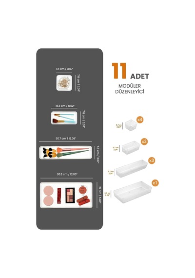 11'li Çekmece İçi Çok Amaçlı Organizer -kozmetik Takı Makyaj Organizeri Dolap İçi Düzenleyici Şeffaf Diğer