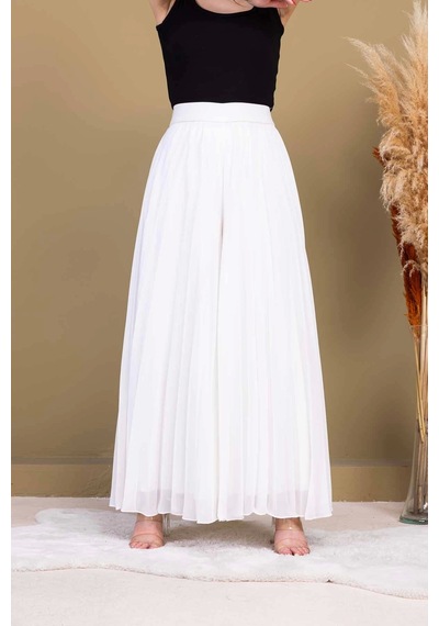 Lodmela Beli Lastikli Pliseli Şifon Pantolon 6030-beyaz Beyaz