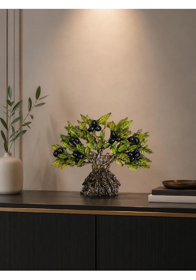 Dekoratif Zeytin Ağacı Biblo 21x26 Cm Reçine El Yapımı Siyah Zeytinli Konsol Vitrin Ofis Masa Üstü Ev Dekoru