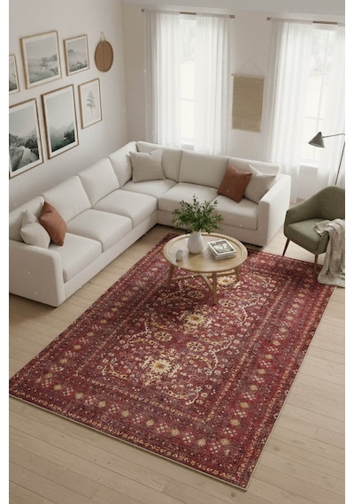 Relic Bordo Vintage Dokulu Klasik Desenli Dokuma Tabanlı Şönil Halı Al 473 Bordo