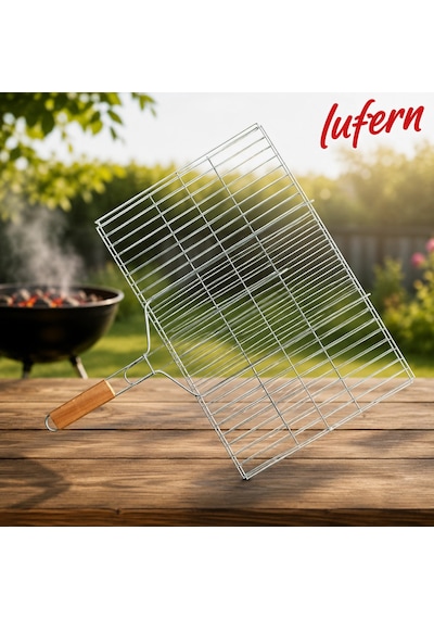 Dayanıklı Küçük Boy Mangal Izgarası 35x20 Cm Ahşap Saplı Piknik Kamp Açık Hava Et Tavuk Sebze