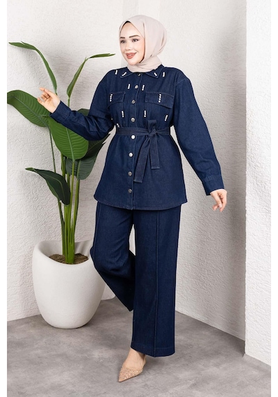Misskayle Taş Detaylı Kuşaklı Denim Tesettür Takım Koyu Mavi Koyu