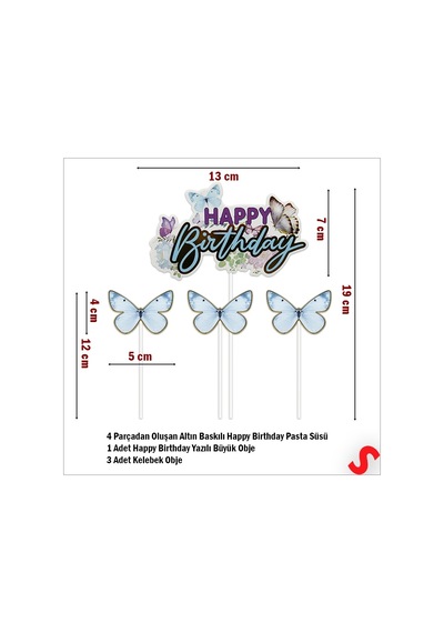 Kelebekli Happy Birthday Pasta Süsü 4 Lü Set - Mavi