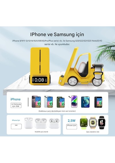 T20 15w 5'i 1 Arada Magsafe Kablosuz Şarj İstasyonu, Dijital Saatli Forklift Tasarım, İphone 16/15/14/13/12, Apple Watch, Airpods Uyumlu Masaüstü Hızlı Şarj Standı Sarı Çok Renkli T20 15w 5'i 1 Arada Magsafe Kablosuz Şarj İstasyonu, Dijital Saatli Forklift Tasarım, İphone 16/15/14/13/12, Apple Watch, Airpods Uyumlu Masaüstü Hızlı Şarj Standı Sarı Çok Renkli