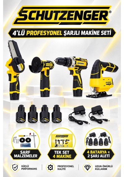 Şarjlı 4 Lü Set 4 Akülü Şarjlı Dekupaj Spral Taşlama Matkap Vidalama Budama Testere Sarı Pro Seri Dawreek2