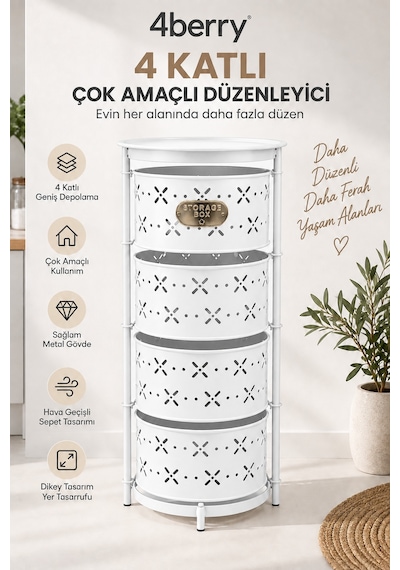 4 Katlı Metal Çok Amaçlı Düzenleyici Sepet Mutfak Sebzelik, Oyuncak, Banyo Ve Ev Organizeri Beyaz