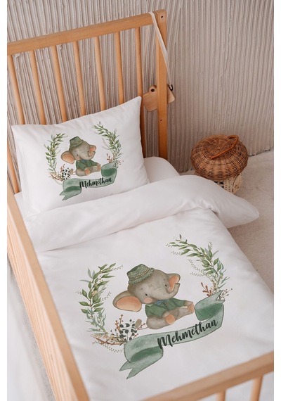 %100 Pamuk Saten 100x150 Bebek Yatak Nevresim Seti Şapkalı Küçük Fil