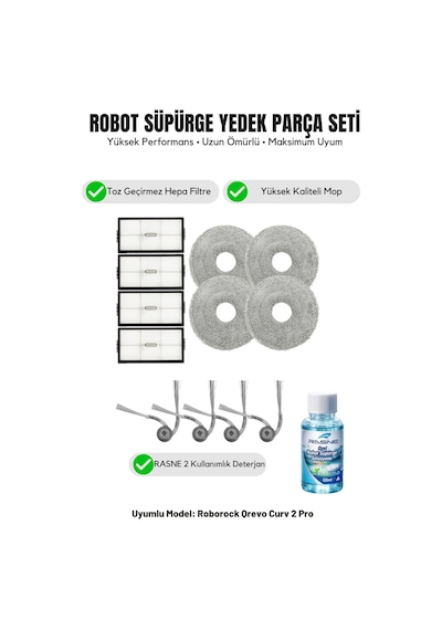 Roborock Qrevo Curv 2 Pro İle Uyumlu 4 Yan Fırça 4 Filtre 4 Mop 1 Deterjan 2.0
