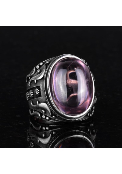925 Ayar Gümüş Yüzük, Tasarım Gümüş Erkek Yüzüğü Pembe Topaz Yapay Taş Gümüş