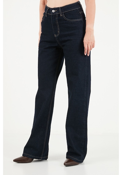 Lela Pamuklu Yüksek Bel Bol Paça Jeans Kadın Kot Pantolon 7031006 Koyu Mavi
