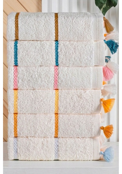 6 Lı Premium, Bohem, Renkli, Püsküllü Ve Çizgili Havlu Seti El, Yüz, Baş Havlu Seti 50x85 Cm Çok Renkli