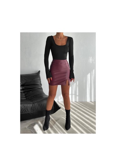 Luka Suni Deri Kumaş Beli Lastikli Yırtmaçlı Tasarım Siyah Renk Mini Etek Bordo - 791366495 Bordo