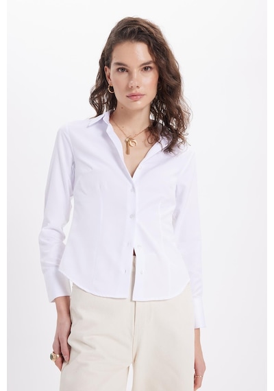 Tudors Kadın Slim Fit Dar Kesim Pensli Vucüda Oturan Uzun Manşet Beyaz Gömlek-42064 Beyaz