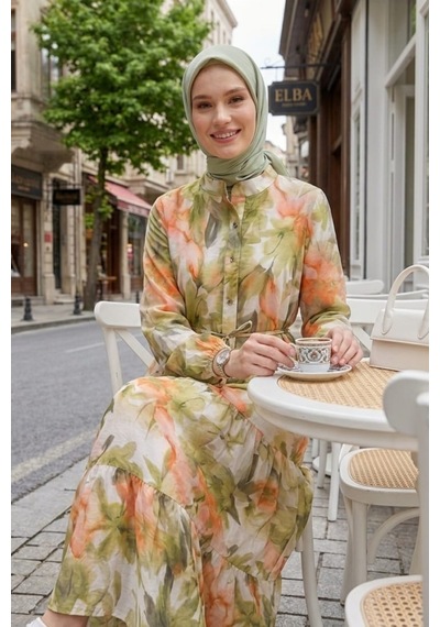 Hb Harma Time Butik Kadın Düğmeli Desenli Modal Kumaş Yeşil Elbise