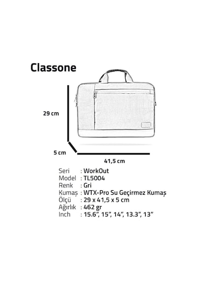 Classone Workout Tl5004 15.6" Su Geçirmez Kumaş -Apple Uyumlu MacBook Çanta
