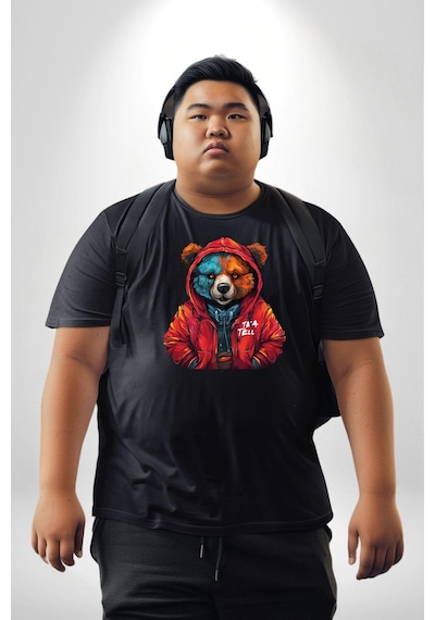 Angemiel Kırmızı Hoodie Ayı Siyah Büyük Beden Erkek Kadın Unisex Basic Ön Baskılı Tişört Siyah