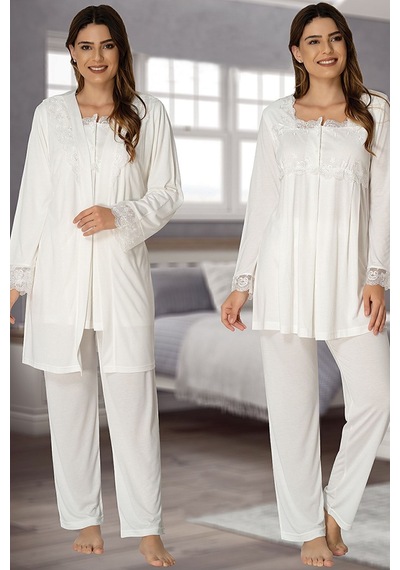 Effort Pijama Effort Ekru Dantel Kollu Lohusa Hamile Sabahlıklı Pijama Takımı Ekru