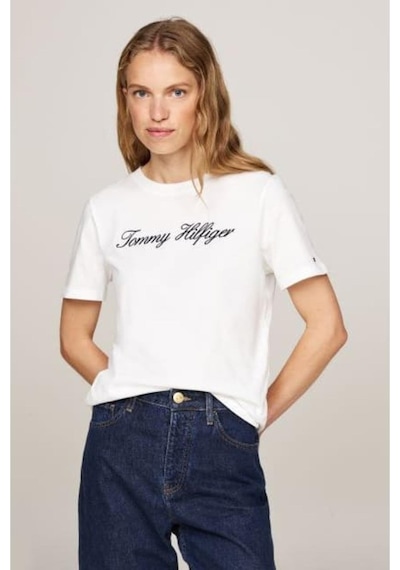 Tommy Hilfiger Kadın Th Script Logo Regular T-shirt - Ekru-10685 White