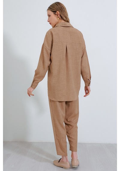 Bigdart Kadın Camel Oversize Keten Alt Üst Takım 6622 6622bgd19-278-14415 001