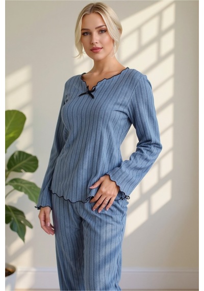 Bella Notte İndigo Pamuklu Fiyonk Detaylı Pijama Takımı Mavi