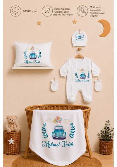 Pia Baby İsme Özel Erkek Bebek Tulum Seti %100 Pamuk Organik Baskılı Yastık Kılıfı Ve Battaniyeli Tulum 2078tyb3x Ekru
