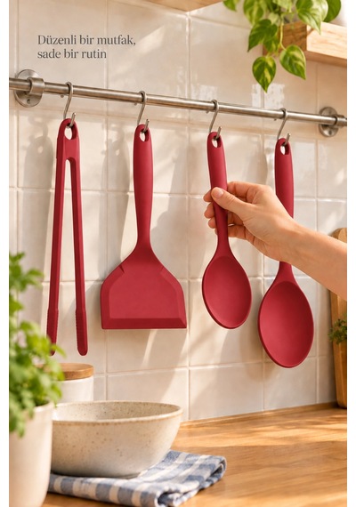 Tilbe Home 4lü Silikon Mutfak Servis Seti Kaşık Spatula Maşa Yemek Pişirme Karıştırma Hazırlık Gereç