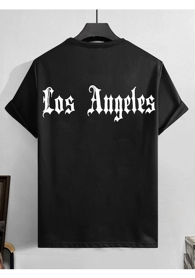 Erkek Siyah Oversiz Los Angeles Baskılı Örme T-shirt Siyah