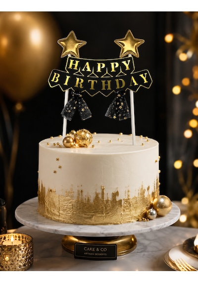 Pasta Üstü Çubuklu Happy Birthday Yıldızlı Tüllü Siyah Süs Doğum Günü Parti Dekoru +3