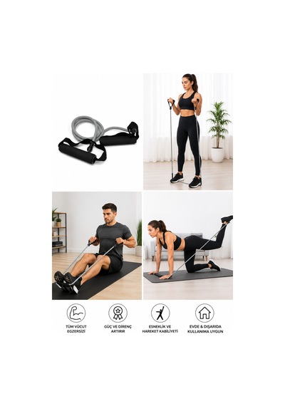 Tutamaçlı Direnç Bandı Siyah Fitness Pilates Egzersiz Lastiği Tüm Vücut Antrenman Bandı Gri Gri