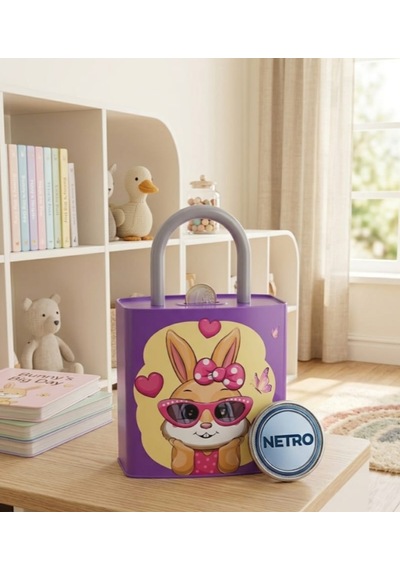 Kilit Şeklinde Dev Boy Kumbara 26x17 Cm Hediyelik Metal Kumbara Kapaklı Kolay Açılabilir Model 2 Li Tavşan Lila