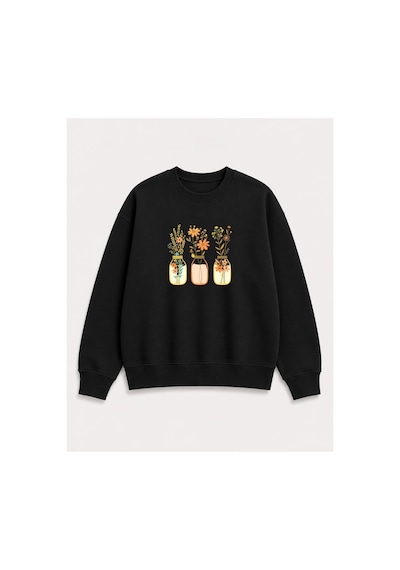 Herkesemoda Kavanoz Çiçek Baskı Detaylı Şardonlu 2 İplik Bisiklet Yaka Sweatshirt Siyah