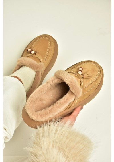 Fox Shoes Z357171661 Vizon Süet Hakiki Deri Kürklü Kadın Makosen Terlik