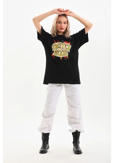 Kadın Kısa Kol Yazlık Tişört Bisiklet Yaka Ejderha Baskılı T-shirt - Siyah