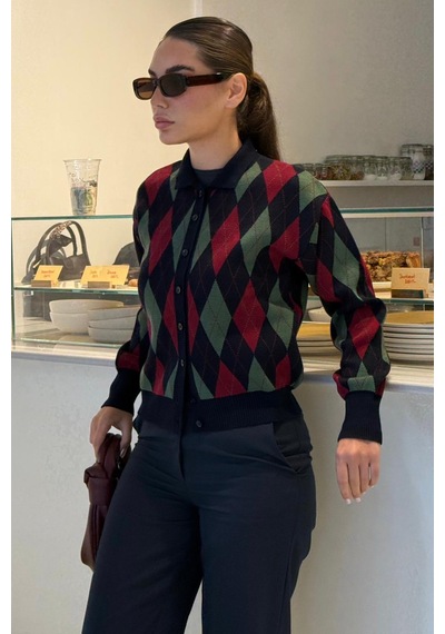 Madmext Lacivert Baklava Desenli Polo Yaka Kadın Hırka Mg2478 Lacivert