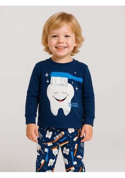 Zekids Erkek Çocuk Pamuklu Diş Baskılı Pijama Takımı-16050 Lacivert