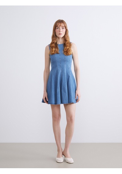 Lcw Comfort İndigo Bisiklet Yaka Peplum Mini Jean Elbise