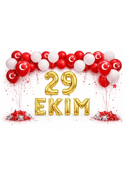 29 Ekim Cumhuriyet Bayramı Temalı Gold Folyo Rakam Ve Harf Kırmızı Beyaz Ay Yıldız Balonlar Beyaz - Kırmızı