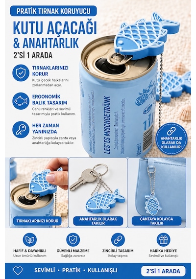 Pratik Tırnak Koruyucu Balık Tasarımlı Kutu İçecek Açacağı Ve Anahtarlık 2 Si 1 Arada 11286020