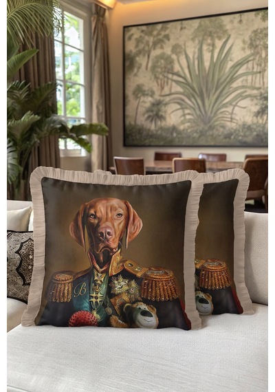 General Portre Köpek Saçaklı Yastık Kılıfı-hayvan Portreli Kahverengi Krem Püsküllü Kırlent Kılıfı Çok Renkli