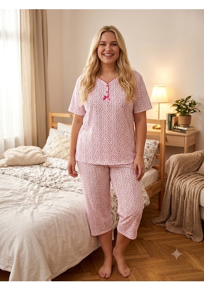 Büyük Beden Kısa Kol Kapri Pamuklu Likralı Pijama Takımı 8642 Fuşya