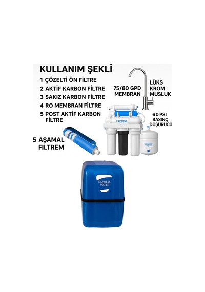 Perlotus Expres 5 Aşamalı Tezgah Altı Su Arıtma Cihazı Pompalı 60 Psı Basınç Düşürücülü 8 Litre