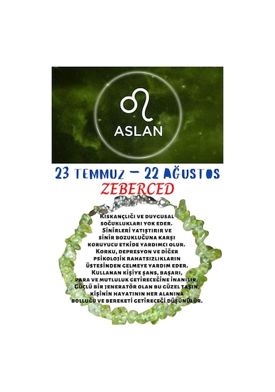 Gümüştel El Sanatları Sertifikalı Burç Taşı Aslan Burcu Zeberced Taşı Bileklik Çok Renkli
