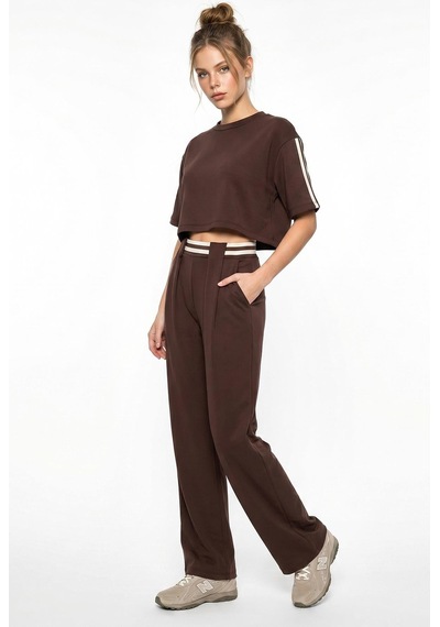 Shade Kadın Çizgi Detaylı Crop Bluzlu Yüksek Bel Modal Takım 4136 60286285 - Acı Kahve Çok Renkli