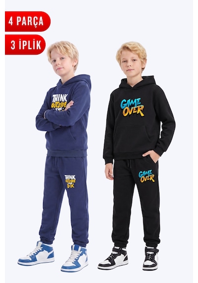 Fyk Kids 3 İplik Baskılı Kışlık Kanguru Cepli Kapüşonlu Erkek Çocuk 2'li Eşofman Takımı 4 Parça Lacivert-siyah-2