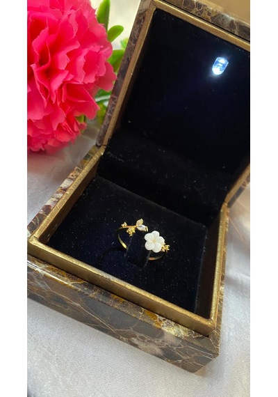 Minimal Çiçekli Zirkon Taşlı Ayarlı Yüzük Çelik Gold Gold - Gümüş