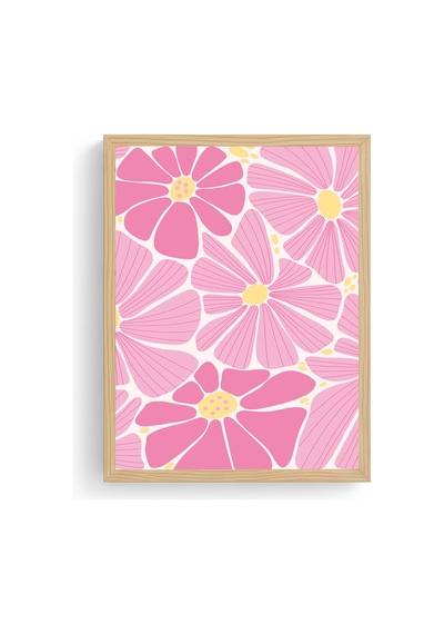 Doğal Ahşap Çerçeveli Retro Pembe Çiçekli Tablo - Boho Floral Desen Huhu2757